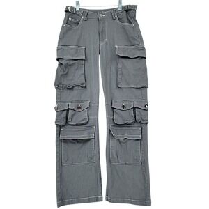 Utility Cargo Pants S Women Multi Pocket Gray Y2K Streetwear Grunge Honey Peach
